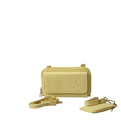 Bolso manos libres de cuero amarillo modelo Karen con monedero