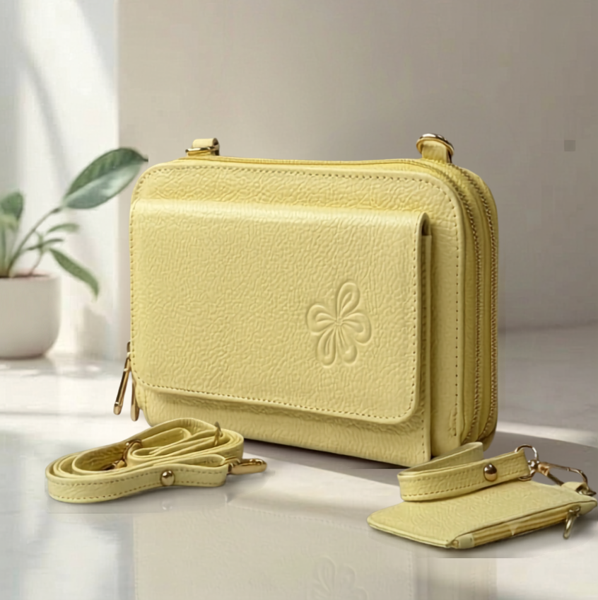 Bolso manos libres de cuero amarillo modelo Karen con monedero