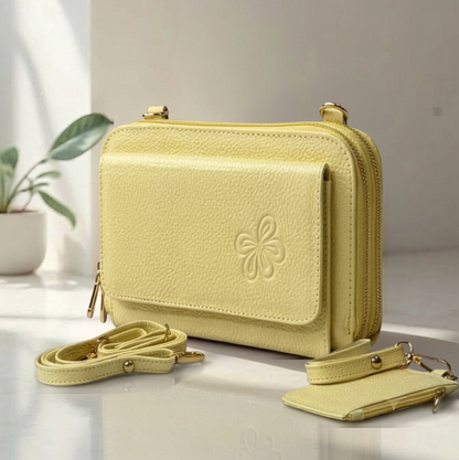Bolso manos libres de cuero amarillo modelo Karen con monedero